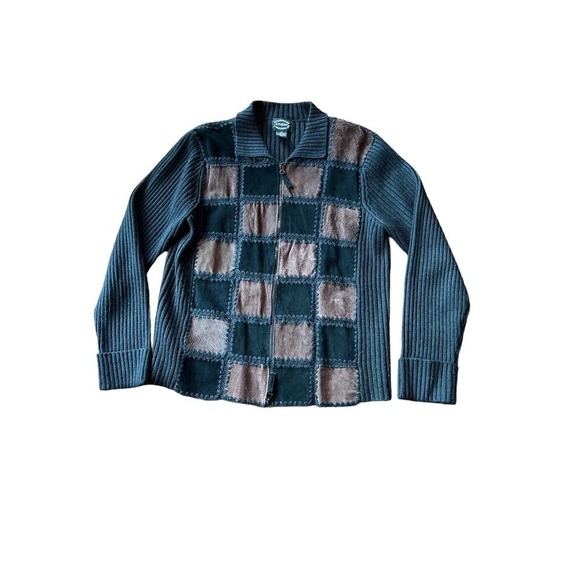 Designers Studio Originals‎ Medium Leather Patchwork Cardigan Sweater Jacket - Picture 1 of 4